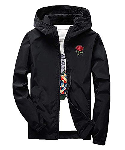 perdontoo Mens Casual Lightweight Drawstring Hooded Windbreaker Jacket (XX-Large, Black)