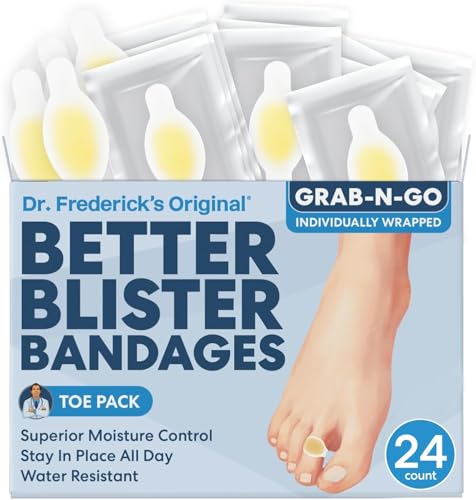 Dr. Fredericks Original Better Blister Bandages - 24 ct - Healing Blister Pads - Grab-N-Go - Water Resistant - 40% More Cushioning - Hydrocolloid - Feet Toe & Heel Blister Prevention - Toe Pack