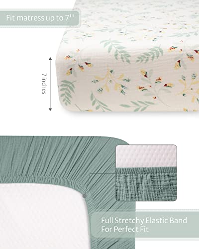 Muslin Crib Sheets For Girls And Boys, Cotton Boho Neutral Fitted Baby Crib Sheet For Standard Crib Mattress & Toddler Bed Mattress (52"X28"), Soft And Breathable, 2 Pack (Roman Green&Botanical Leaf) #TOP3