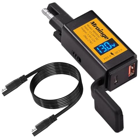 Motorcycle USB C Charger, Mroinge SAE to USB Adapter, 27W Dual Port USB Fast Charger with Voltmeter/Ammeter and ON/Off Switch, Perfect for Your Phone, Tablet, GPS etc Charging Cover