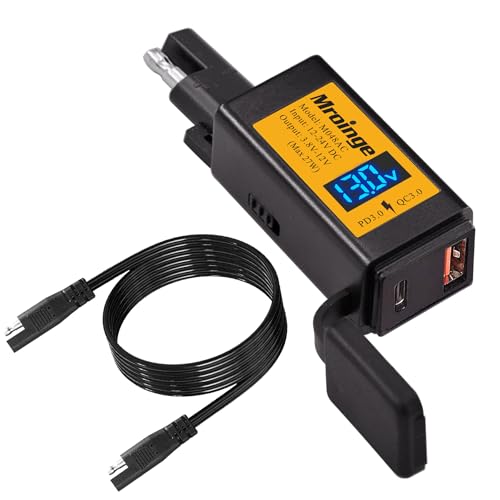 Mroinge Motorcycle USB-C Charger, SAE to USB Adapter, 27W Dual Port USB Fast Charger with Voltmeter/Ammeter and ON/Off Switch, Perfect for Phone, Tablet, GPS etc Charging
