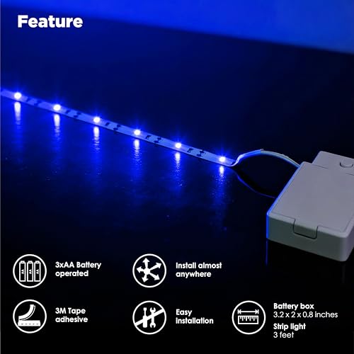 Image of BestLuz Battery Operated LED Strip Lights 2X 3.33ft Flexible Blue LED Light Strip for Bedroom Room Decor, Battery Powered Lighting for Cabinet Shelf Closet TV Backlight