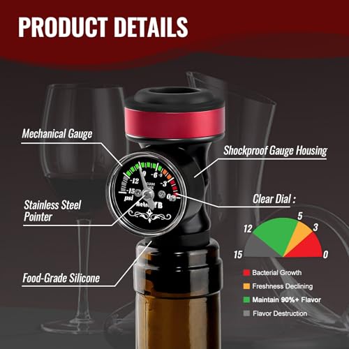 2 Pack Wine Vacuum Saver Sealer with Real-Time Pressure Gauge, Reusable Bottle Stoppers for Red & White Wine Preservation - Airtight Seal, Keep Fresh 5X Longer (Includes Hand Pump) - Thumbnail 3