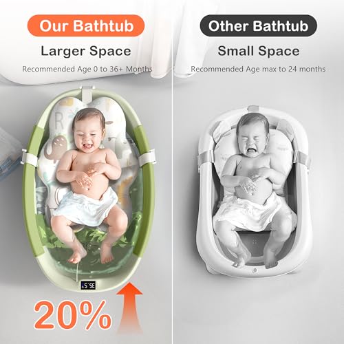 Collapsible Baby Bathtub - Large Baby Bath Tub with Thermometer & Cushion | Travel Portable Newborn Infant Bathtub | Foldable Toddler Bathtub for Baby 0 to 36 Months (Green) — view 2
