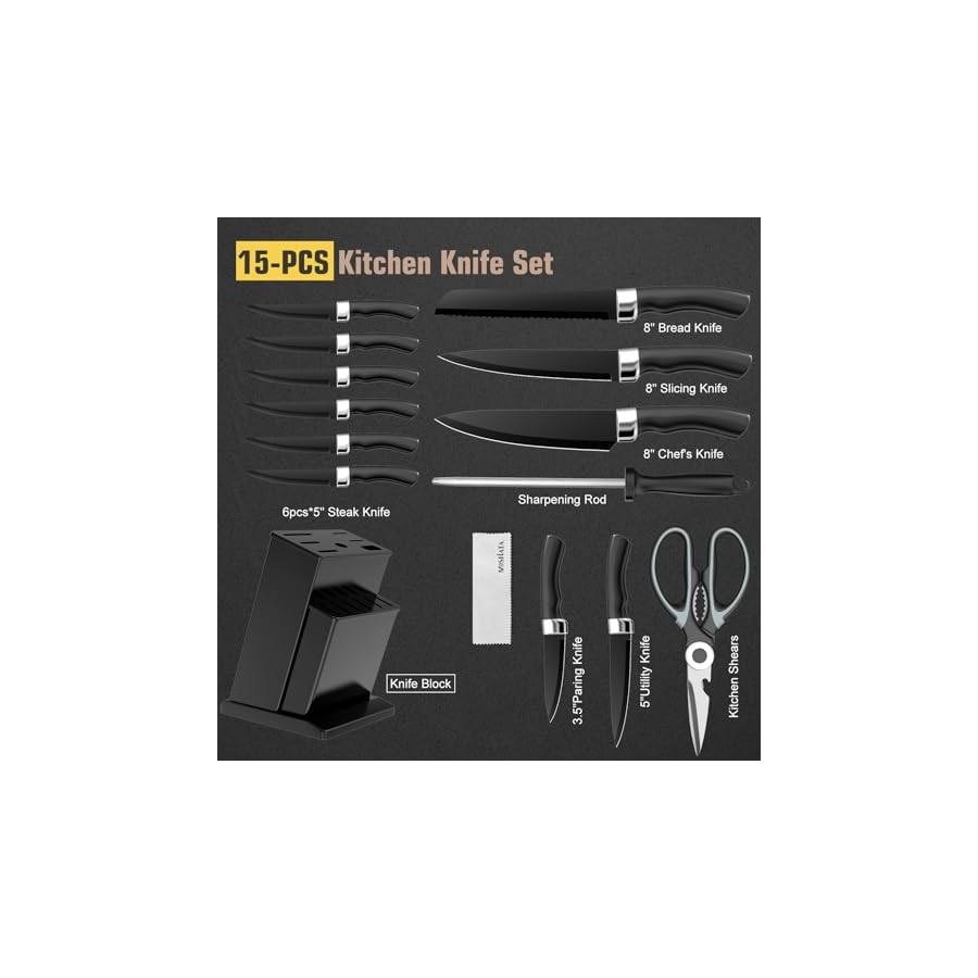 15-Piece-Kitchen-Knife-Set-Kitchen-Knives-Set-ABS-Handle-Chef-Knife-Set-Multifunction-Knife-Block-Set-For-Slicer-Cutting-ChoppingPerfect-Holiday-Gift-BLACK Meleho 15 Piece Kitchen Knife Set, Kitchen Knives Set, ABS Handle Chef Knife Set, Multifunction Knife Block Set For Slicer, Cutting, Chopping,Perfect Holiday Gift (BLACK)