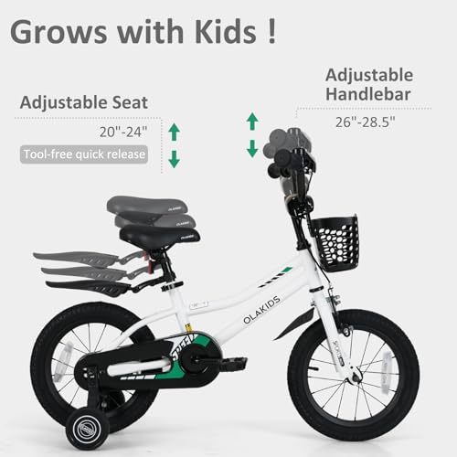 Image of Olakids Kids Bike, 12 14 16 18 Inch Toddlers Bike with Training Wheels Basket Adjustable Seat and Handlebar, Handbrake and Coaster Brake, Children's Bicycle for Boys Girls 3-8 Years Old