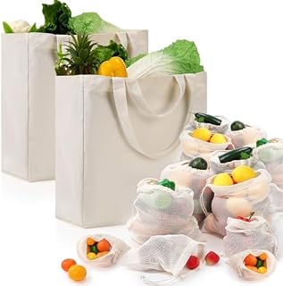 14 Pcs Canvas Grocery Bags Set 2 Canvas Shopping Totes with Short Handle Long Shoulder Strap 12 Mesh Produce Bags Washable Foldable Reusable Grocery Bag for Vegetable Fruit Food Storage