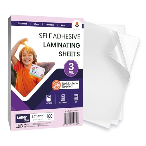 VIOLETTO 3mil Self-Adhesive Laminating Sheets 100 Pack, Letter Size, 8.7 x 12.2 Inches Cold Lamination Film for Photos and Documents, No Machine Needed, Crystal Clear Single Sided Vinyl