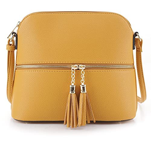 SG SUGU Lunar Lightweight Medium Dome Crossbody Bag Shoulder Bag with Double Tassels | Zipper Pocket | Adjustable Strap|Mustard