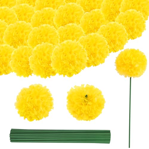 Fortuning's JDS 60PCS Diwali Marigold Flower Heads with Stems,Artificial Marigold Flowers for Indian Wedding,Yellow Artificial Flowers for All Year Home Decoration,DIY Marigold Wreath Bunch