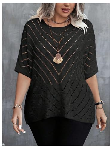 Women's Plus Size Crochet Sweater Hollow Out Lightweight Sweater Crew Neck Half Sleeve Summer Spring Autumn Knit Top4