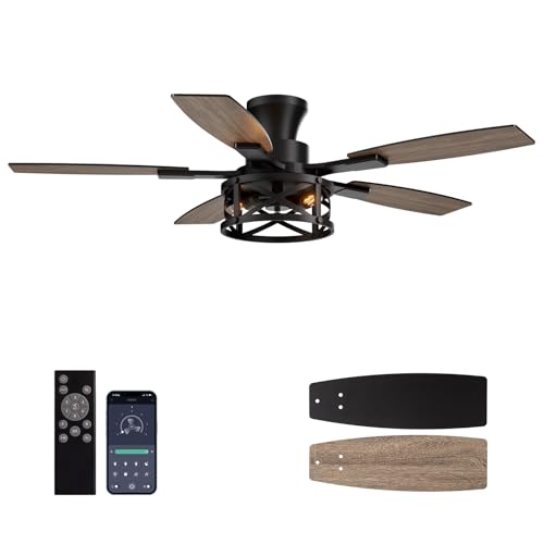 Image of 50 Inch Flush Mount Black Caged Ceiling Fan with Lights, Low Profile Farmhouse Ceiling Fan for Bedroom Living Room and Patio, Ceiling Fans and Remote Control for Indoor and Outdoor