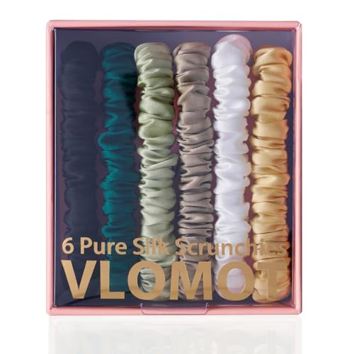 Image of VLOMOT 6 Pcs Set 100% Pure Mulberry Silk Hair Scrunchies Silk Hair Ties with 6 Chic Colors Everyday Skinny Scrunchies Silk Ponytail Holders Hair Care No Damage (Green)