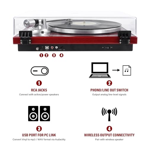 Belt Drive Turntable for Vinyl Record Player,Connect with Bluetooth Speakers or Active Speaker,Built-in Phono Pre-amp,USB Digital Output, Magnetic Cartridge,High-Gloss Wood Design(Red) - Thumbnail 2