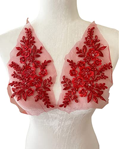 Pepperlonely 1 Pair 3D Lace Beaded Sequins Flower Sew On Embroidered Lace Applique Wedding Dress Bride's Headdress Adornment Diy Patch Clothing Accessories, 4.75 X 8.5 Inches, Red #TOP1