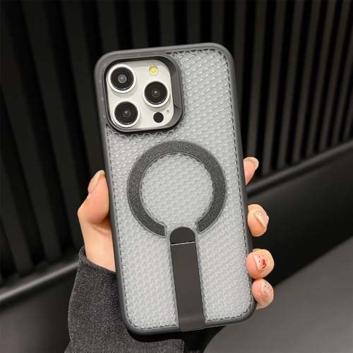 QJJFVMF for Folding Stand Magnetic Mesh Case for iPhone 16 E 15 14 13 12 11 Pro Max Wireless Charge Shockproof Breathable Cover,Black,for iPhone 14 Plus