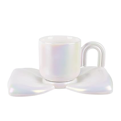 Koythin Ceramic Coffee Mug, Creative Cute Cup with Bowknot Saucer, Novelty Coffee Cup with Comfortable Grip for Office and Home, 6.5oz for Tea Latte Milk (Pearl White)