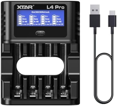 XTAR L4 Pro Smart Type-C 1.5V Li-ion & 1.2V NiMH/NiCD AA AAA Battery Charger with Discharge&Refresh Function,4 Bay LCD Display Rechargeable AA Battery Charger
