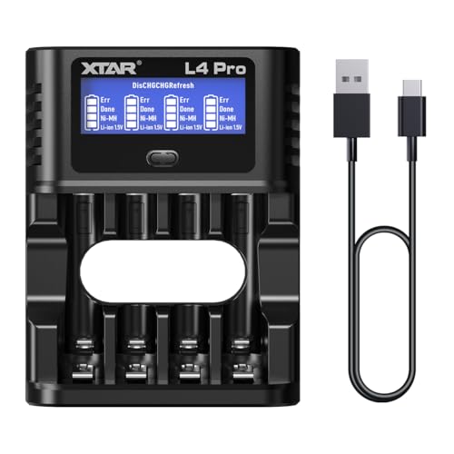 XTAR L4 Pro Smart Type-C 1.5V Li-ion & 1.2V NiMH/NiCD AA AAA Battery Charger with Discharge&Refresh Function,4 Bay LCD Display Rechargeable AA Battery Charger