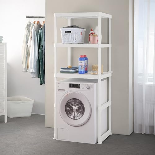 Scaffale Sopra Lavatrice E Asciugatrice In Plastica Bianca Con 3 Ripiani Dalla Texture Antiscivolo, L 74 X P 59 X H 186 Cm, In Kit Di Montaggio Facile