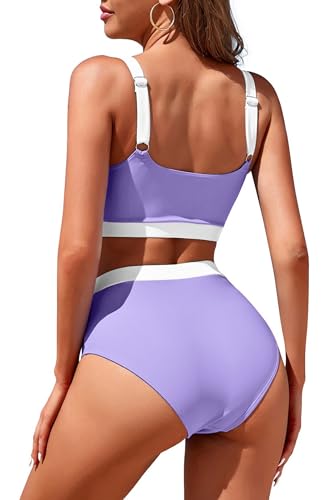 Image of Womens High Waisted Bikini Sets Sporty Crop Top Color Block Swimwear Bandeau Scoop Neck Vintage Two Piece Bathing Suits