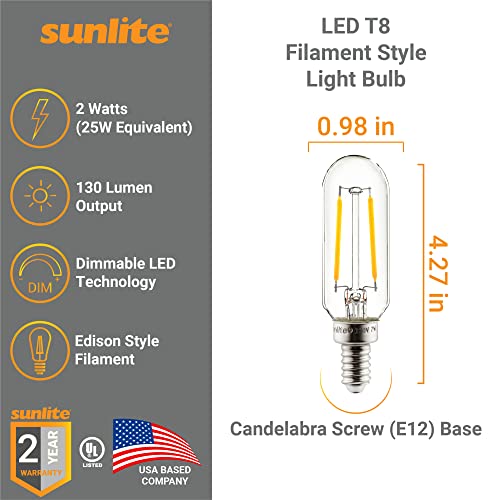 Sunlite 80502 Led Filament T8 Tubular Light Bulb, 2 Watts (25W Equivalent), Candelabra E12 Base, Dimmable, 85 Mm, Ul Listed, 130 Lumens, 2700K Warm White, 1 Count #TOP1