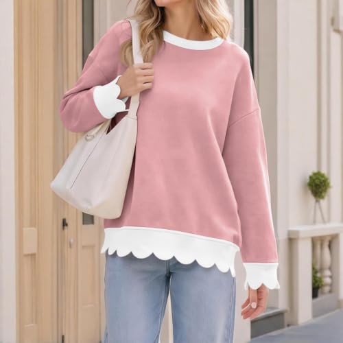 Fall Oversized Sweatshirt for Women Cotton Scalloped Hem Soft Pullover Tops - image 2