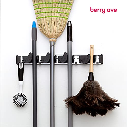 Berry Ave Broom Holder & Wall Mount Garden Tool Organizer- Kitchen, Garage & Laundry Room Storage With 4 Slots And 4 Hooks- Wall Holder For Broom, Rake & Mop Handles Up To 1.25”