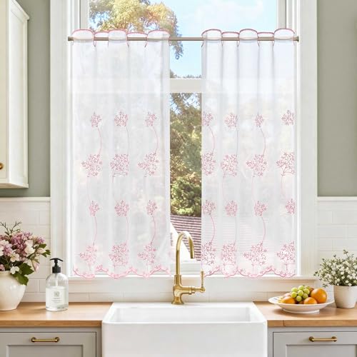 TOPICK Scheibengardine Küche lichtdurchlässig Bistrogardine Wohnzimmer modern Küchengardinen Gardine Schals Fensterschal Kurzgardine für Küche Küchenfenster Landhausstil