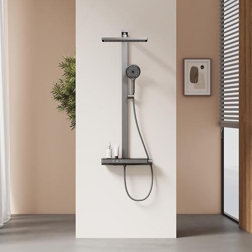 EMKE Columna de Ducha Termostática, 4-en-1, Barra de Ducha con Placa Termostática de 40 cm, Ducha de Lluvia Termostática, Antracita Mate,1050x401x573mm