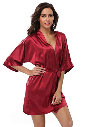 Feelia Women's Pure Colour Short Silk Satin Kimono Robe Bridal Elegant Bathrobe Kimono Robe for Bridesmaid Nightgown Wedding Party Wine