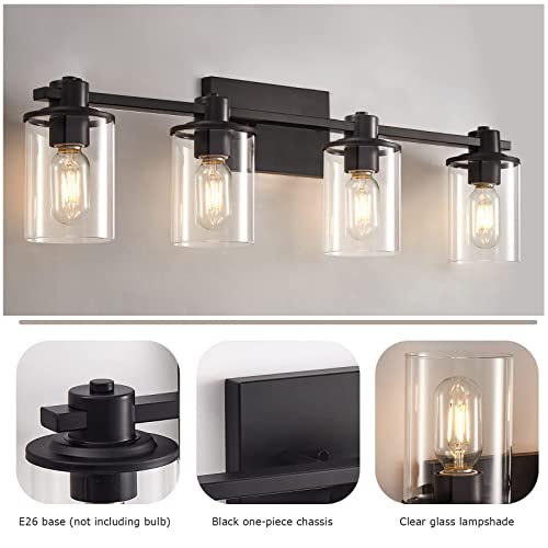 Image of 4-Light Modern Vanity Lights,Industrial Matte Black Bathroom Light Fixtures with Clear Glass, Vanity Lights Fixture for Bathroom, Living Room, Mirror, Bedroom,Hallway