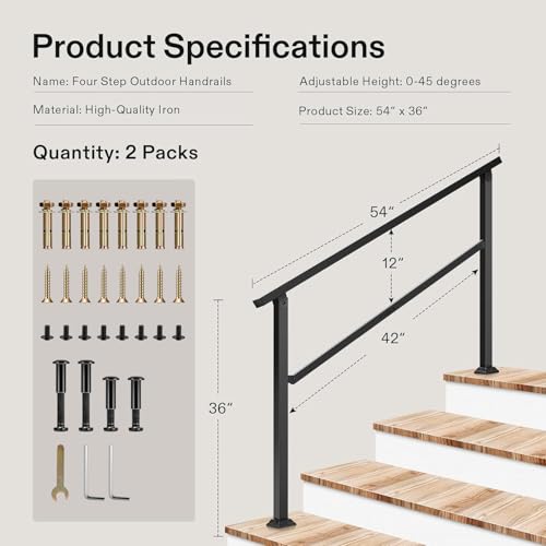 Image of VIVOSUN 2-Pack Outdoor Handrail, 4 Step Stair Handrail, 54 inch x 36 inch Fits 1 to 4 Steps, Wrought Mattle Iron Handrail for Concrete Steps, Porch Steps, One-Step Assembly, 2 Packs, Black