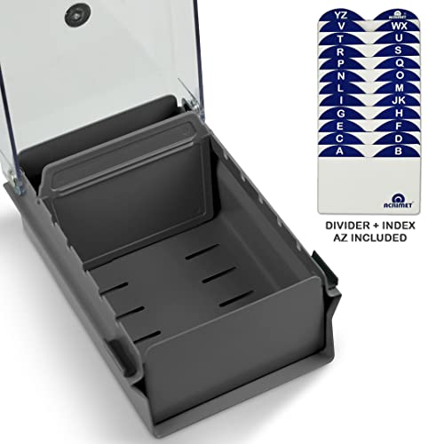 Acrimet Index Business Card Size File Holder Organizer Metal Base Heavy Duty (Az Index Cards And Divider Included) (Gray Color With Clear Crystal Plastic Lid Cover) #TOP2