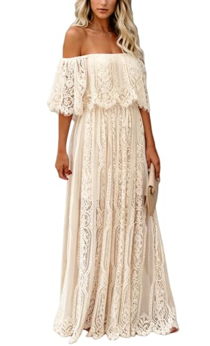 Image of HOYISHION Women's Off The Shoulder Floral Lace Maxi Dress White Bridesmaid Wedding Party Maternity Photoshoot Long Dresses