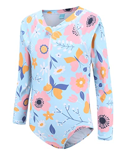 Image of Moon Tree Girls One Piece Swimsuits Long Sleeve Rash Guard Zipper Front Bathing Suit UPF 50+