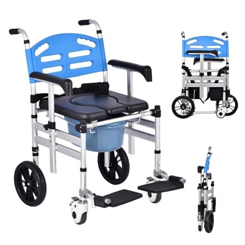 YMAOMAO Commode Chair with Wheels, Foldable Mobile Toilet Shower Stool Ergonomic Seat with Armrests Commode Chair Bucket with Lid Resistant Bucket Easy to Pull Out