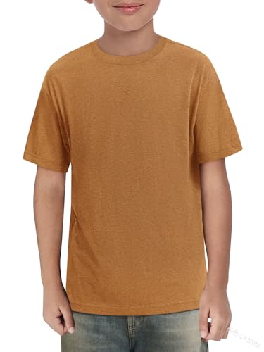 Haloumoning Boys' T-Shirt Summer Short-Sleeved Tops Children's Round Neck Plain Lightweight Shirts Casual Sports Basic Tops 5-14 Years, Brown, 5-6 Years