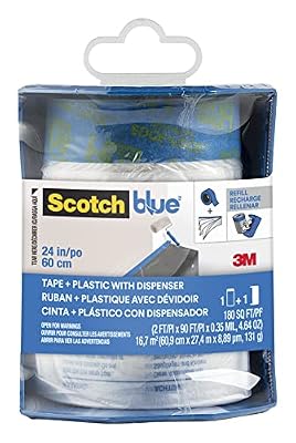 ScotchBlue Pre Plastic Painters Tape with Bladed Dispenser, 24 in x 30yd, Tape & Masking Film Combined in One Product, Static Cling to Stay in One Place, No Residue Masking Tape (PTD2093EL-24-S)