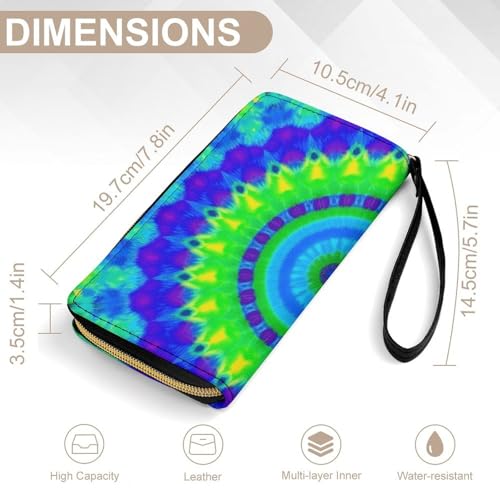 Women's Clutch Wallet with ID Pockets, High Capacity Leather, Perfect for Travel, Indian Spiral Tie Dye Mandala Green2