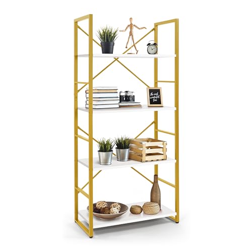 Image of CAPHAUS 4 Tier Bookshelf, 24 Inch Width Free Standing Shelf, Bookcase Shelf Storage Organizer, Industrial Book Shelves for Home Office, Living Room, Kitchen, White Wooden Shelves & Gold Frame