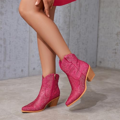 Image of MISSMILLER Rhinestone Boots for Women Sparkly Cowgirl Boots Pointed Toe Chunky Heels Rhinestone Cowboy Boots