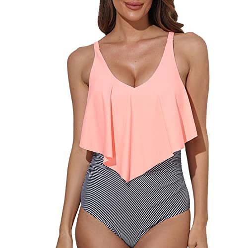 Tankini de controle de barriga estampado com babados,Tankini babado de controle de barriga de babado