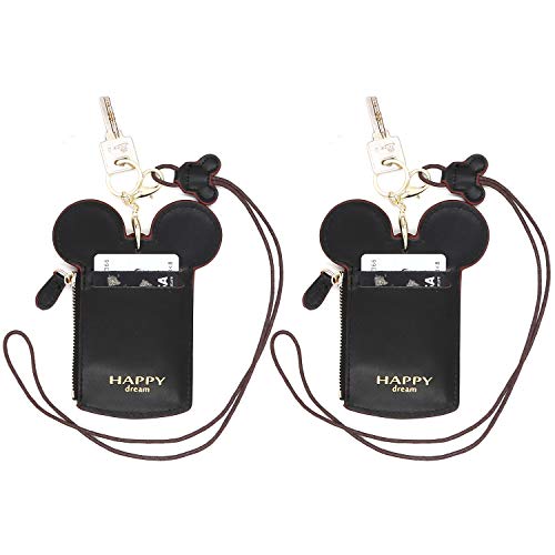 ID Holder With Lanyard Badge Holder,PU Leather newchic Cute Animal Shape neck wallet for Women(2Black)2