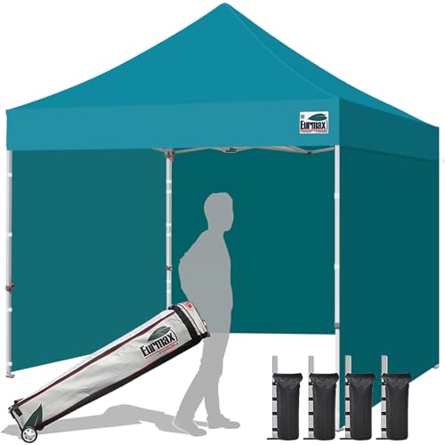 Image of Eurmax USA 10x10 Pop Up Canopy Tent,Commercial Tent with Patented No-Tip Rolling Bag,4 Zippered Removable Walls,UV & Water Resistant Canopy Top,Heavy Duty Outdoor Gazebo,Instant Shelter(Turquoise)