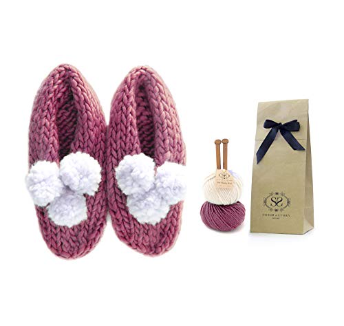 Product Image of the Stitch & Story Lola Pom Slippers Beginner Knitting Kit, Dust Pink