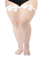 Moon Wood Damen Netzstrümpfe Halterlos mit Schleifen Halterlose Strümpfe Sexy Overknees Fishnet Stockings Weiß XXL