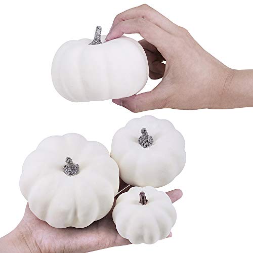 BESTTOYHOME 12 PCS Assorted Sizes Rustic Harvest White Artificial Pumpkins for Halloween, Fall Thanksgiving Decorating Harvest Embellishing and Displaying