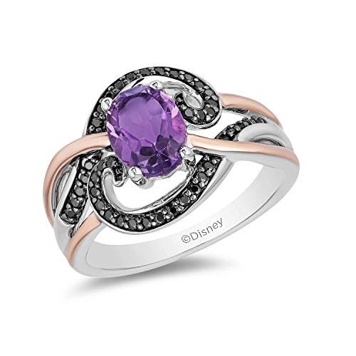 Jewelili Enchanted Disney Fine Jewelry Sterling Silver With Rose Gold Plating, Black Rhodium 1/5 Cttw Diamond And Amethyst Ursula Ring #TOP27