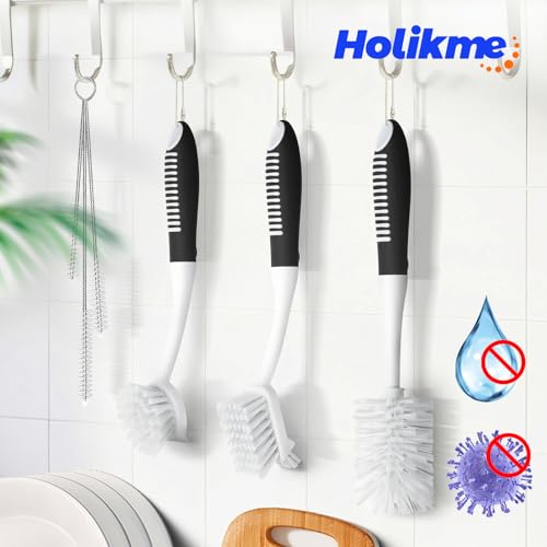 Image of Holikme 6 Pack Dish Brush Set with Bottle Brush, Dish Scrub Brush, Pan Brush and 3 Straw Brushes, Deep Cleaning Handle Brush with Scraper Tip for Kitchen Sink Dishes Bottle Cup Pot and Pans (Black)
